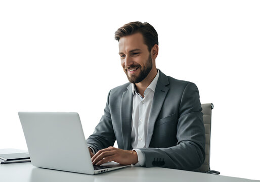 Smiling businessman working on his laptop isolated on transparent background