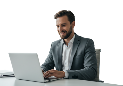 Smiling businessman working on his laptop isolated on transparent background