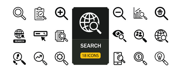 Search Web Icons in Line Style, Minimal Interface and UI Vector Set
