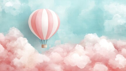 Pastel Dreamscape: Pink Striped Hot Air Balloon Soaring Through Clouds