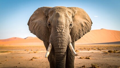 Majestic elephant faces the viewer in a sun-drenched desert landscape, with vibrant orange dunes as a backdrop.