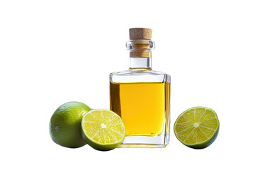 Bottle of tequila with fresh limes on background studio shot