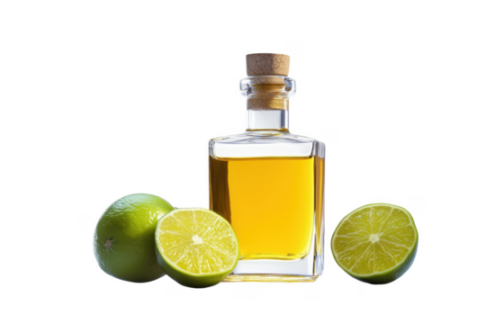 Bottle of tequila with fresh limes on background studio shot