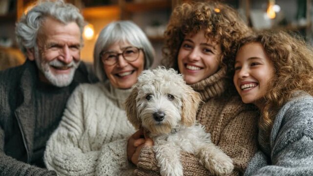Warm Family Bonding Moment with Smiling Members and Adorable Dog in Cozy Setting During Winter Season with Cozy Attire and Joyful Expressions