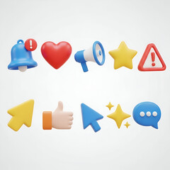 Assortment of 3d social media icons including bell, heart, megaphone, star, alert, cursor, thumb up, and chat bubble, isolated on white background
