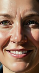 Close-up portrait of a smiling woman with visible expression lines, illuminated by bright sunlight, showing genuine happiness.