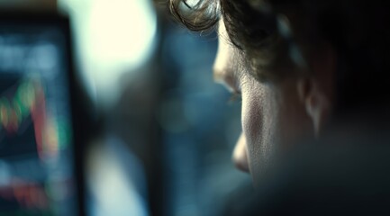 Young caucasian male analyzing stock market charts on computer screen