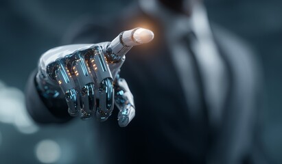 Robotic hand pointing in futuristic business suit environment