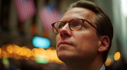 Caucasian male adult in glasses observing bokeh illuminated urban scene with american flags