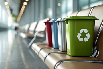 Recycling bins on benches in public hallway for waste management