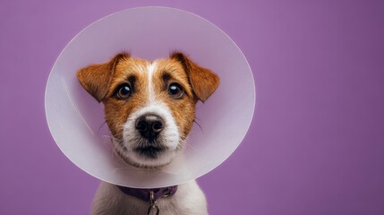 Adorable jack russell terrier with recovery cone against purple background