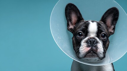 French bulldog with recovery cone on blue background