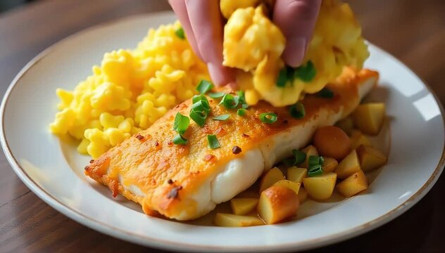 Portuguese bacalhau &agrave; Br&aacute;s dish plated with shredded salt cod, fried potatoes, and scrambled eggs 