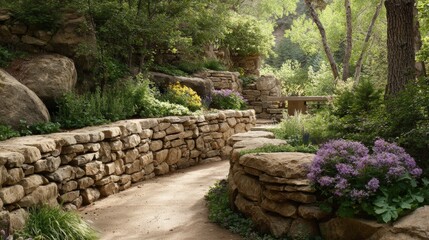 Beautiful stone pathway in serene forest garden with lush greenery and flowers