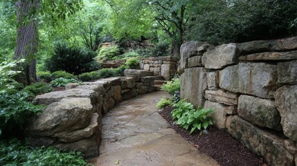 Serene stone pathway surrounded by lush greenery in woodland garden setting