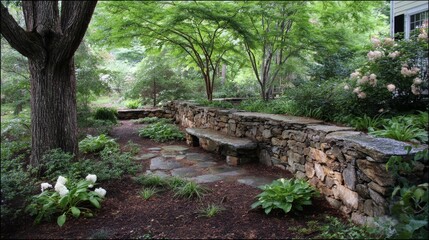 Serene garden with stone wall and lush greenery in tranquil setting