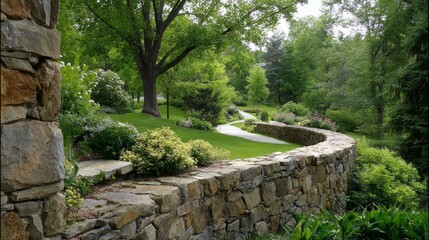 Serene pathway through lush green garden with stone wall enclosure