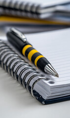 Overly large pen propped against a tiny notebook, showcasing exaggerated office stationery humor.