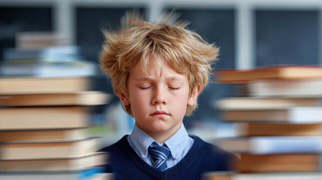 Young caucasian male child in blue sweater meditating between stacks of books in classroom