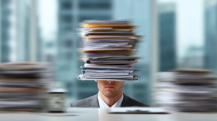 Overwhelmed young caucasian male office worker under a pile of papers in blur effect