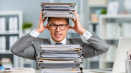 Stressed caucasian male adult overwhelmed by large stack of office paperwork in modern workspace