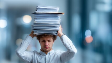 Stressed young caucasian male balancing stack of papers in office environment