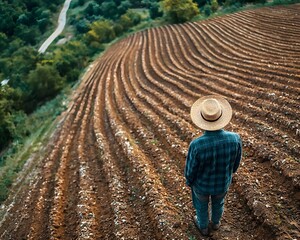 A farmer observes meticulously tilled geometric rows in a vast rural landscape embodying a connection to the land