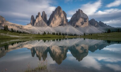 Obraz premium Alpine lake mirroring jagged peaks under a partly cloudy sky