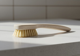 Wooden brush on white surface cleanliness and household concept