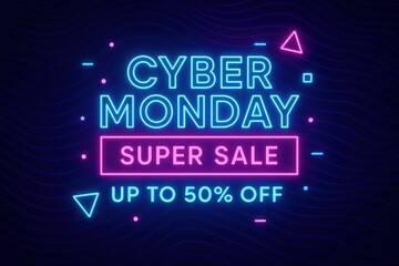 Cyber Monday Digital Discount Promo Banner with Neon Lights and Futuristic Design