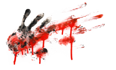 Bloody hand sliding down wall, blood drops flowing down, grunge isolated on white background and texture, clipping path, color design
