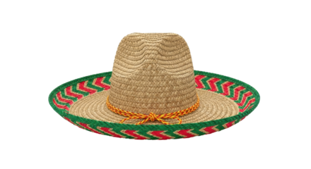 Isolated woven straw sombrero hat with colorful decoration, traditional headwear item