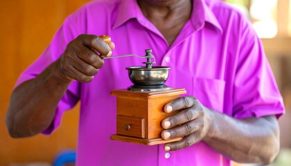 Close-up of a person's hands operating a vintage coffee grinder, showcasing the craftsmanship and detail of the wooden housing and the dark metal components.