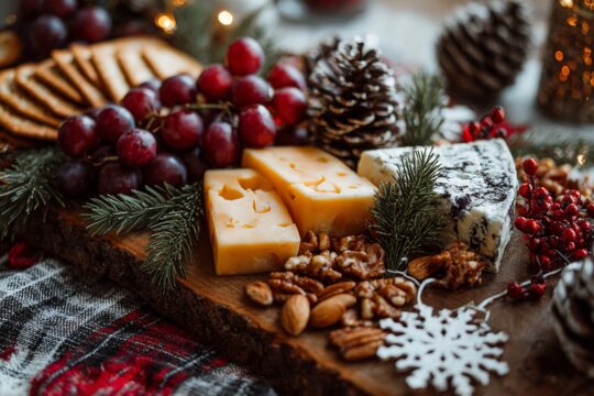 Cheese and crackers are presented with grapes on a festive holiday board.