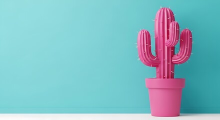 Minimalist Pink Cactus in Pink Pot on Teal Wall Background with Copy Space