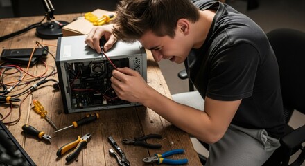 Man repairing computer hardware on messy workbench. Electronic maintenance, tech support concept. IT specialist fixing PC parts, troubleshooting issue