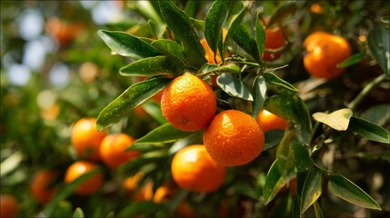 Fresh ripe oranges on tree with green leaves in sunlit grove