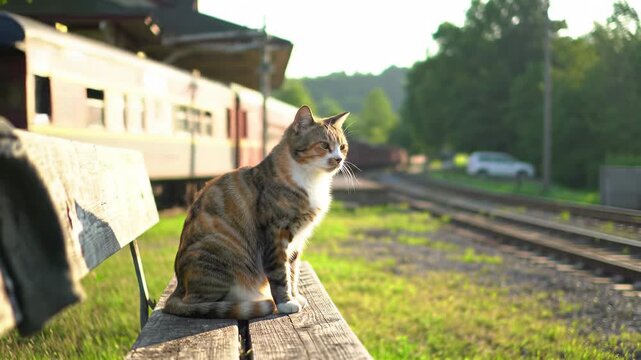 Cat resting on park bench near train station