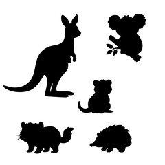 Silhouette illustration of Australian animals including kangaroo, koala, quokka, Tasmanian devil, and echidna. Vector wildlife design for nature, fauna, and education themes