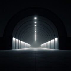 Into the Illuminated Void: A stark, futuristic tunnel, its concrete curves illuminated by a long line of vertical lights vanishing into the mysterious depth.