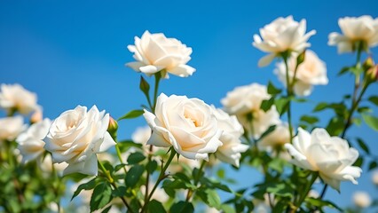 Obraz premium White roses blooming under a clear blue sky, symbolizing purity and springtime.