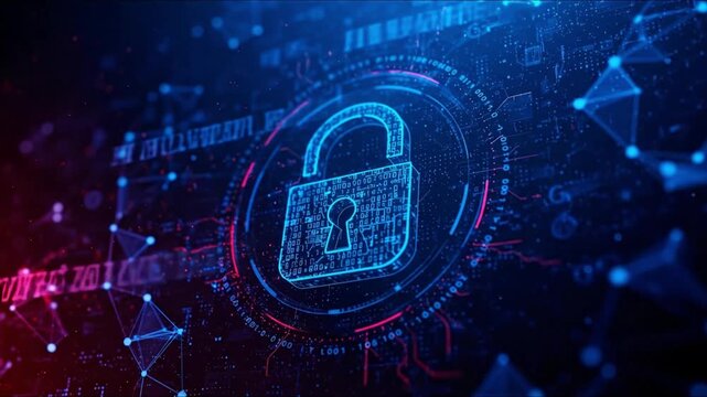 A central glowing digital padlock formed by binary code is set against a dark abstract background with interconnected blue and red geometric shapes and data streams - Powered by Adobe
