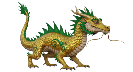 Isolated Asian dragon with golden scales and green spines and ornaments facing right