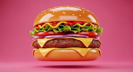 Vibrant 3D Stylized Cheeseburger with All Toppings on a Pink Background