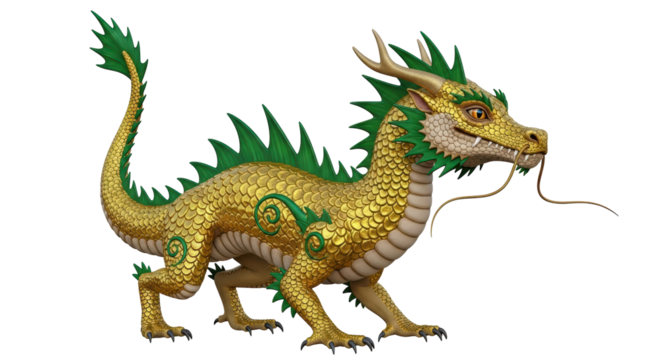 Isolated Asian dragon with golden scales and green spines and ornaments facing right
