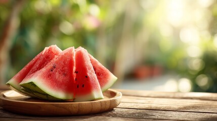 Close-up of juicy watermelon slices on wooden plate outdoors