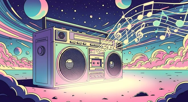 Retro Boombox Emitting Glowing Musical Notes in a Vibrant Pastel Cosmic Landscape