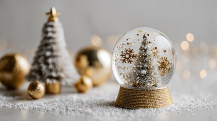 Elegant snow globe with christmas tree, falling snowflakes, and golden ornaments in modern minimalist composition for festive stage display, holiday decoration mockup, and contemporary christmas conce