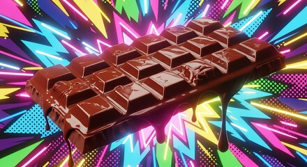Delicious Melting Chocolate Bar with Vibrant Neon Retro Background