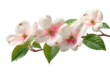 Obraz premium Beautiful dogwood branch with pink and white blossoms and green leaves, cut out